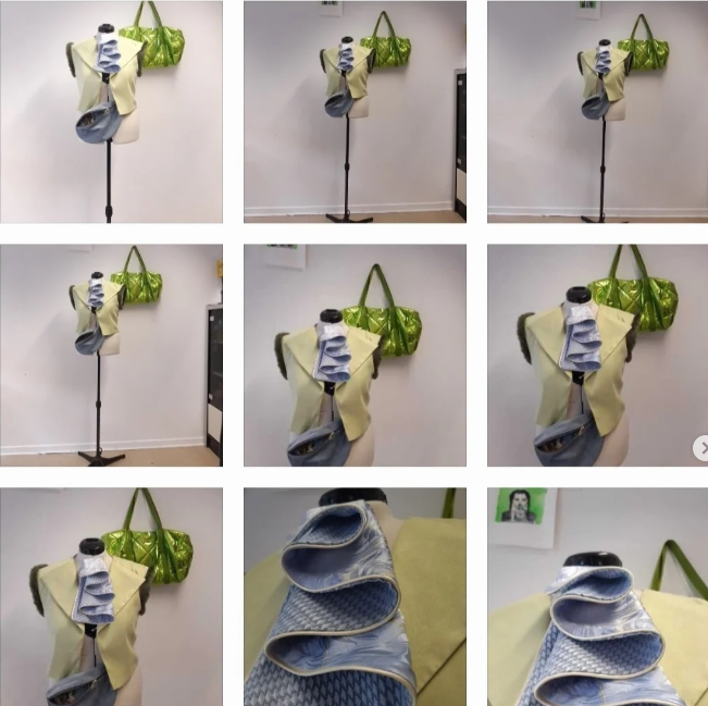 Blue and yellow sculptural costume piece on dress form